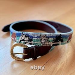 Vintage Equestrian Horses Brown Leather & Gold Brass Handmade Needlepoint Belt