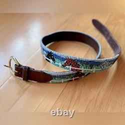 Vintage Equestrian Horses Brown Leather & Gold Brass Handmade Needlepoint Belt