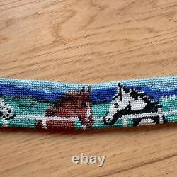 Vintage Equestrian Horses Brown Leather & Gold Brass Handmade Needlepoint Belt