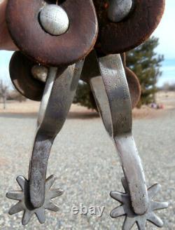 Vintage Etched Band Edge Marked Crockett Horse Spurs withOld Leather Straps