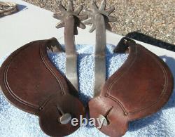 Vintage Etched Band Edge Marked Crockett Horse Spurs withOld Leather Straps