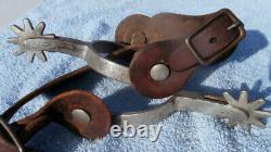 Vintage Etched Band Edge Marked Crockett Horse Spurs withOld Leather Straps