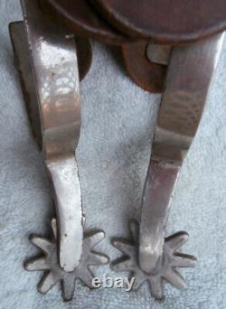 Vintage Etched Band Edge Marked Crockett Horse Spurs withOld Leather Straps