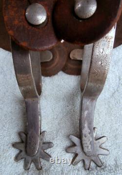 Vintage Etched Band Edge Marked Crockett Horse Spurs withOld Leather Straps