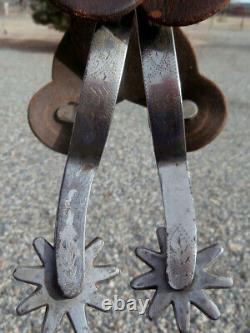 Vintage Etched Band Edge Marked Crockett Horse Spurs withOld Leather Straps