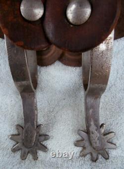 Vintage Etched Band Edge Marked Crockett Horse Spurs withOld Leather Straps