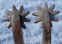 Vintage Etched Band Edge Marked Crockett Horse Spurs withOld Leather Straps