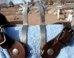 Vintage Etched Band Edge Marked Crockett Horse Spurs withOld Leather Straps