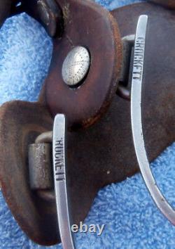 Vintage Etched Band Edge Marked Crockett Horse Spurs withOld Leather Straps