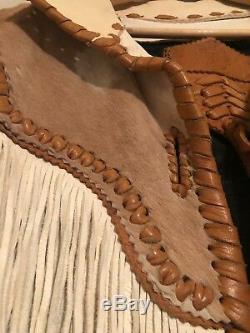 Vintage FORT GRIZZLY Fringe Leather Jacket Cowhide Horse Hair Coat Size Small