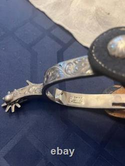 Vintage Fleming Dress Horse boot Spurs Blue leather Silver etching XLNT