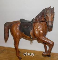 Vintage French Cladded Brown Leather Horse Figurine/Statue With Saddle & Bridle