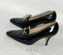 Vintage GUCCI Black Patent Leather Horse Bit Pointy Toe Pump Heels Shoes Sz 8 B