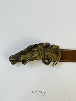 Vintage GUCCI Leather Belt Brass Double Horse Head Buckle Waist 30-32