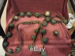 Vintage Graduated Brass Sleigh Bells Antique Leather Strap Belt Horse Tack
