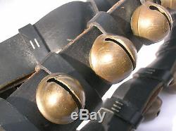Vintage Graduated Brass Sleigh Bells Antique Leather Strap Belt Horse Tack no 18