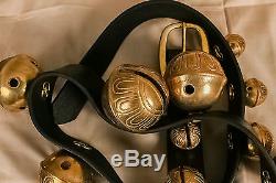 Vintage Graduated Brass Sleigh Bells Leather Strap Belt Horse