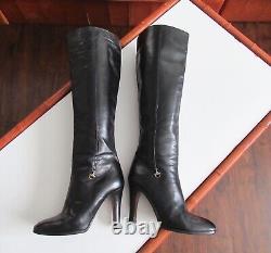 Vintage Gucci Black Leather Horse Bit Knee High Stiletto Boots Zipper Size 38