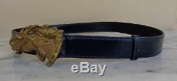 Vintage Gucci Size 80 32 Navy Blue Leather & Brass Double Horse Head Buckle Belt