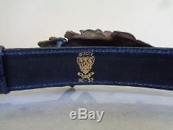 Vintage Gucci Size 80 32 Navy Blue Leather & Brass Double Horse Head Buckle Belt