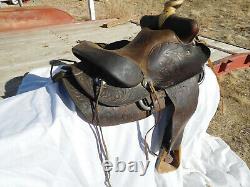 Vintage HAND TOOLED LEATHER Western roping SADDLE horse equine 15 inch