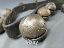 Vintage HORSE SLEIGH BELLS, 14 engraved BRASS BELLS on 50 thick LEATHER STRAP