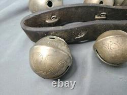 Vintage HORSE SLEIGH BELLS, 14 engraved BRASS BELLS on 50 thick LEATHER STRAP