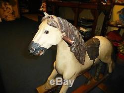 Vintage Hand Carved & Painted Glider Rocking Horse, Leather Saddle, Horse Hair