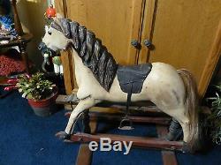 Vintage Hand Carved & Painted Glider Rocking Horse, Leather Saddle, Horse Hair