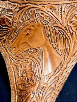 Vintage Hand Tooled Leather 3-legged Folding Stool 20 Tall Horse Head design
