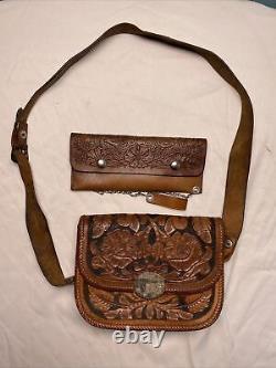 Vintage Hand Tooled Leather Horse Saddle Shoulder Bag And Purse Brown