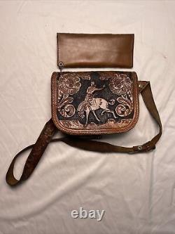 Vintage Hand Tooled Leather Horse Saddle Shoulder Bag And Purse Brown
