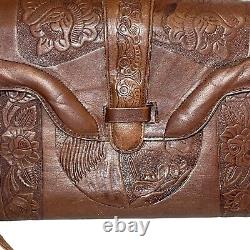 Vintage Hand Tooled Leather Shoulder Bag Western Horse Aztec Calendar Brown