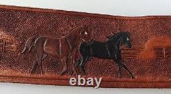 Vintage Hand Tooled Running Horses Leather Belt Western Buckle Floral Over Rope