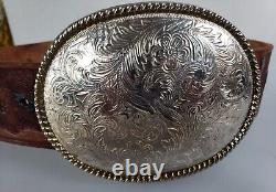 Vintage Hand Tooled Running Horses Leather Belt Western Buckle Floral Over Rope