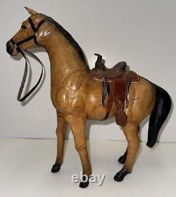 Vintage Handmade Leather Horse & Saddle Figurine Glass Eyes Equestrian 10 H