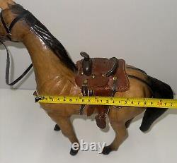 Vintage Handmade Leather Horse & Saddle Figurine Glass Eyes Equestrian 10 H