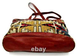Vintage Handmade Wool Kilim Carpet Bag Leather Handles Purse Tote Native Art