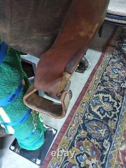 Vintage High back Western Clark Brown Leather Tassel Tooled Wood Stirrups Flaws