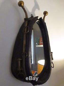 Vintage Horse Collar Mirror With Brass & Leather Accents