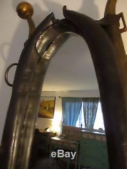 Vintage Horse Collar Mirror With Brass & Leather Accents
