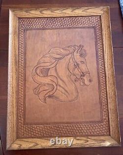 Vintage Horse Head Flowing Mane Portrait in Hand Tooled Leather Wall Art Decor