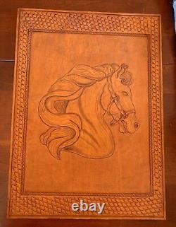 Vintage Horse Head Flowing Mane Portrait in Hand Tooled Leather Wall Art Decor