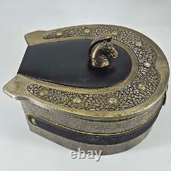 Vintage Horseshoe Metal Leather Horse Finial equestrian Jewelry Box