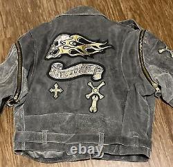 Vintage IRON HORSE DISTRESSED LEATHER MOTORCYCLE JACKET FLAMING SKULL XL