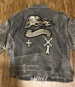 Vintage IRON HORSE DISTRESSED LEATHER MOTORCYCLE JACKET FLAMING SKULL XL