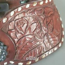 Vintage Inlay Spurs with Horse Design and Hand Tooled Leather Straps Free Ship