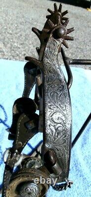 Vintage Iron Engraved Sterling Silver Horse Spurs with Leather/Rawhide Straps