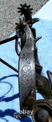 Vintage Iron Engraved Sterling Silver Horse Spurs with Leather/Rawhide Straps
