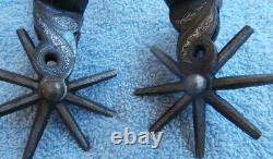 Vintage Iron Silver Inlay Blued Mexican Horse Spurs Leather Straps